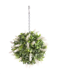 Best Artificial 24cm White Lush Lavender Hanging Basket Flower Topiary Ball - Suitable For Outdoor Use - Weather & Fade Resistant
