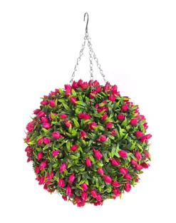 Best Artificial 38cm Pink Lush Tulip Hanging Basket Flower Topiary Ball - Suitable For Outdoor Use - Weather & Fade Resistant