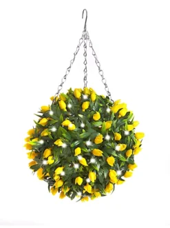 Best Artificial Pre-Lit Outdoor 28cm Yellow Tulip Hanging Plastic Flower Topiary Ball