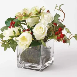 Bloom Artificial Fezziwig Large Rose Cube Arrangement In Vase - Faux Flower Centrepiece Floral Home Decoration - H20 X W20cm