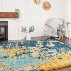 Blue Ochre Bold Distressed Abstract Shaggy Living Area Rug 160x230cm -DIY blue ochre bold distressed abstract shaggy living area rug 160x230cm5059815593059 02c MP