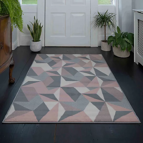 Blush Pink Grey Diamond Geometric Living Room Rug 60x110cm 4 Blush Pink Grey Diamond Geometric Living Room Rug 60x110cm - Image 2