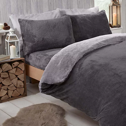 Brentfords Reversible Teddy Duvet Cover With Pillowcase, Charcoal Grey - King 3 Brentfords Reversible Teddy Duvet Cover With Pillowcase, Charcoal Grey - King
