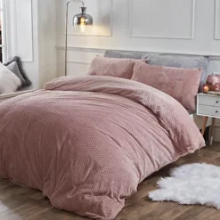 Brentfords Waffle Fleece Duvet Cover Pillowcase Bedding Set, Blush - Double