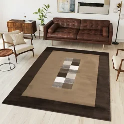 Brown Bordered Geometric Living Room Rug 60x110cm