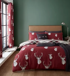 Catherine Lansfield Bedding Munro Stag Check Duvet Cover Set With Pillowcases Red