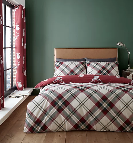 Catherine Lansfield Bedding Munro Stag Check Duvet Cover Set With Pillowcases Red 4 Catherine Lansfield Bedding Munro Stag Check Duvet Cover Set With Pillowcases Red - Image 2