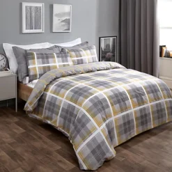 Dreamscene Denim Check Duvet Cover With Pillowcase, Ochre - Superking