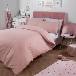 Dreamscene Pom Pom Trim Duvet Cover With Pillowcase Bedding Set, Blush - King
