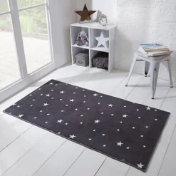 Dreamscene Star Print Rug Anti-Slip/Skid Non-Shed Carpet, Charcoal - 80 X 150cm