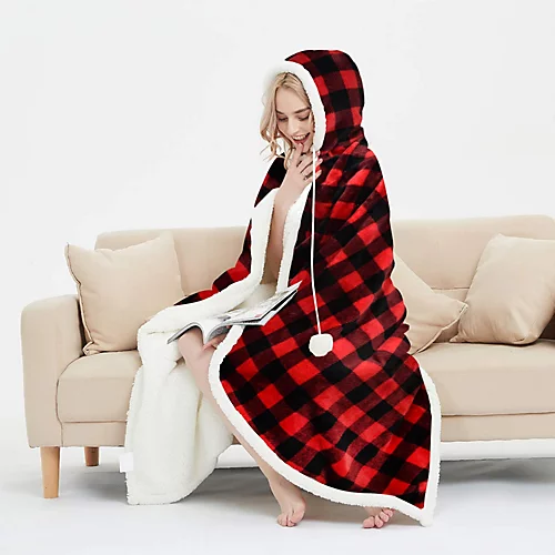 EHC Check Design Super Soft Warm Sherpa Fleece Wearable Hooded Blanket Throw -130 X 180 Cm , Red & Black 3 EHC Check Design Super Soft Warm Sherpa Fleece Wearable Hooded Blanket Throw -130 X 180 Cm , Red & Black