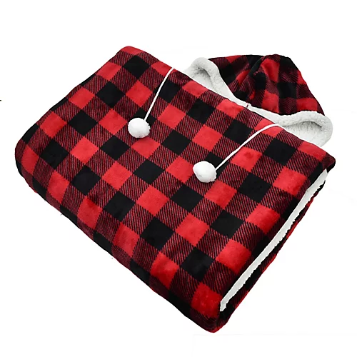 EHC Check Design Super Soft Warm Sherpa Fleece Wearable Hooded Blanket Throw -130 X 180 Cm , Red & Black 4 EHC Check Design Super Soft Warm Sherpa Fleece Wearable Hooded Blanket Throw -130 X 180 Cm , Red & Black - Image 2