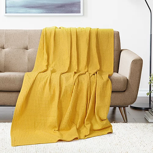 EHC Luxuriously Soft Chunky Waffle Cotton Throws Large Sofa Bed, Sofa, Couch Blanket Bedspread, Double, 150 X 200 Cm - Yellow 5 EHC Luxuriously Soft Chunky Waffle Cotton Throws Large Sofa Bed, Sofa, Couch Blanket Bedspread, Double, 150 X 200 Cm - Yellow - Image 3