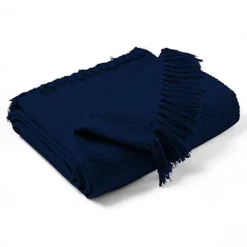 EHC Waffle Cotton Woven Large Sofa Throw 2 Seater Chair/ Sofa/ Bed 178 X 254 Cm, Navy Blue