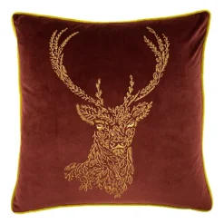 Furn. Forest Fauna Gold Embroidered Woodland Stag Piped Square Polyester Filled Cushion