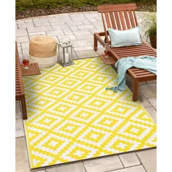 Green Decore Lightweight Reversible Stain Proof Plastic Outdoor Rug Nirvana, Yellow/White, 90cmx150cm (3ftx5ft)