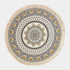Homescapes Black & Gold 100% Cotton Mandala Printed Round Rug