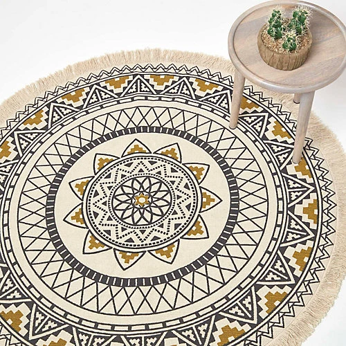 Homescapes Black & Gold 100% Cotton Mandala Printed Round Rug 4 Homescapes Black & Gold 100% Cotton Mandala Printed Round Rug - Image 2