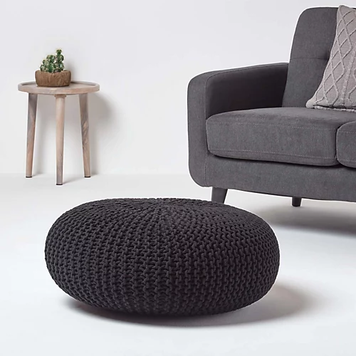 Homescapes Black Large Round Cotton Knitted Pouffe Footstool 4 Homescapes Black Large Round Cotton Knitted Pouffe Footstool - Image 2