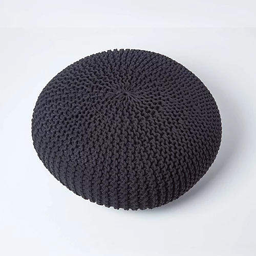Homescapes Black Large Round Cotton Knitted Pouffe Footstool 5 Homescapes Black Large Round Cotton Knitted Pouffe Footstool - Image 3