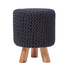 Homescapes Black Tall Cotton Knitted Footstool On Legs