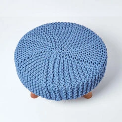 Homescapes Blue Large Round Cotton Knitted Footstool On Legs -DIY homescapes blue large round cotton knitted footstool on legs5055967493759 03c MP