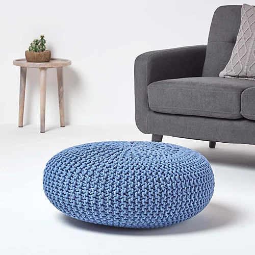 Homescapes Blue Large Round Cotton Knitted Pouffe Footstool 4 Homescapes Blue Large Round Cotton Knitted Pouffe Footstool - Image 2