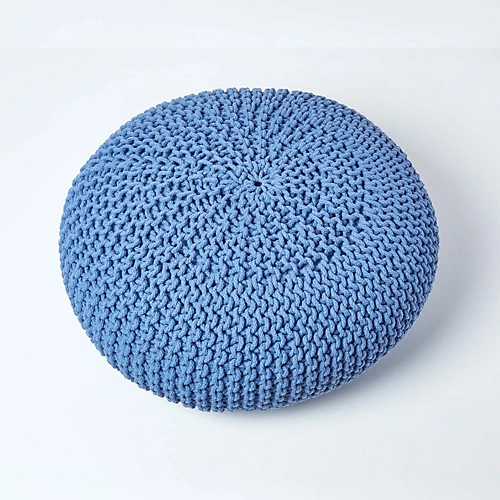 Homescapes Blue Large Round Cotton Knitted Pouffe Footstool 5 Homescapes Blue Large Round Cotton Knitted Pouffe Footstool - Image 3
