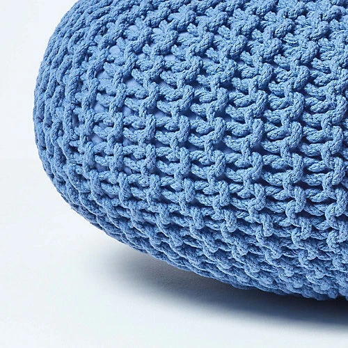 Homescapes Blue Large Round Cotton Knitted Pouffe Footstool 6 Homescapes Blue Large Round Cotton Knitted Pouffe Footstool - Image 4