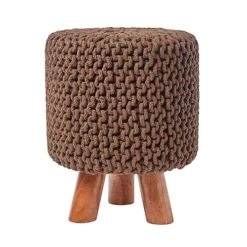 Homescapes Chocolate Brown Tall Cotton Knitted Footstool On Legs
