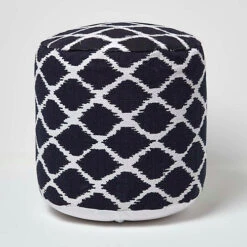 Homescapes Circular Blue And Natural Colour Ikat Round Footstool
