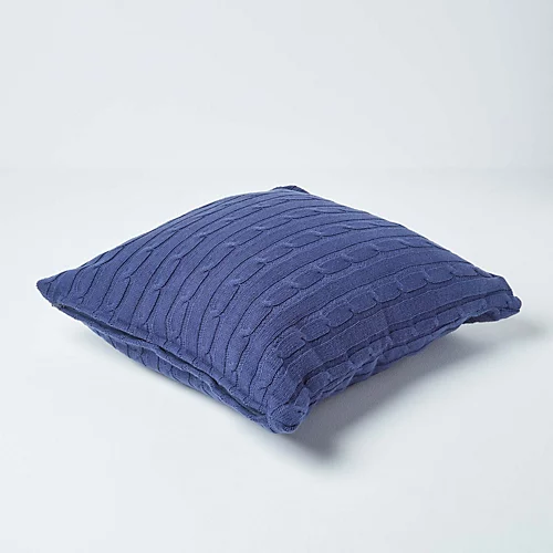 Homescapes Cotton Cable Knit Navy Blue Cushion Cover, 45 X 45 Cm 5 Homescapes Cotton Cable Knit Navy Blue Cushion Cover, 45 X 45 Cm - Image 3