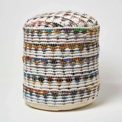 Homescapes Cream Chindi Pattern Woven Bean Filled Pouffe Circular 45 X 40 Cm