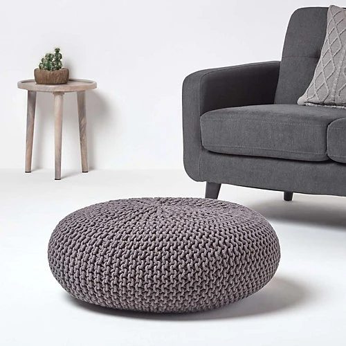 Homescapes Dark Grey Large Round Cotton Knitted Pouffe Footstool 4 Homescapes Dark Grey Large Round Cotton Knitted Pouffe Footstool - Image 2