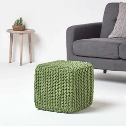 Homescapes Forest Green Cube Cotton Knitted Pouffe Footstool -DIY homescapes forest green cube cotton knitted pouffe footstool5055967431997 02c MP