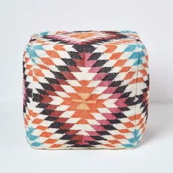 Homescapes Manila Orange And Pink Kilim Footstool Handwoven Beanbag Pouffe 43 X 43 Cm