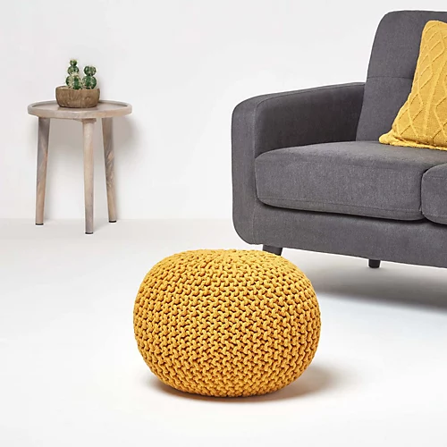 Homescapes Mustard Round Cotton Knitted Pouffe Footstool 4 Homescapes Mustard Round Cotton Knitted Pouffe Footstool - Image 2