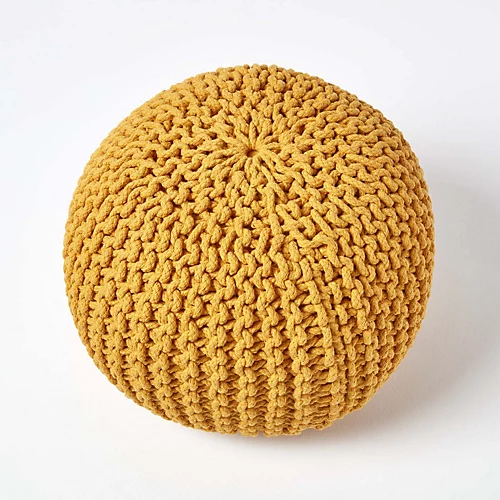 Homescapes Mustard Round Cotton Knitted Pouffe Footstool 5 Homescapes Mustard Round Cotton Knitted Pouffe Footstool - Image 3