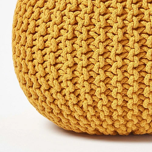 Homescapes Mustard Round Cotton Knitted Pouffe Footstool 6 Homescapes Mustard Round Cotton Knitted Pouffe Footstool - Image 4
