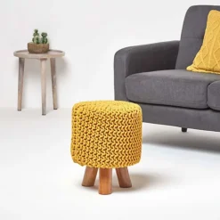 Homescapes Mustard Tall Cotton Knitted Footstool On Legs -DIY homescapes mustard tall cotton knitted footstool on legs5055967445406 02c MP