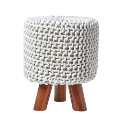Homescapes Natural Tall Cotton Knitted Footstool On Legs