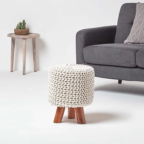 Homescapes Natural Tall Cotton Knitted Footstool On Legs 4 Homescapes Natural Tall Cotton Knitted Footstool On Legs - Image 2