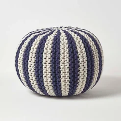 Homescapes Navy And White Knitted Pouffe Striped Footstool 40 X 50 Cm