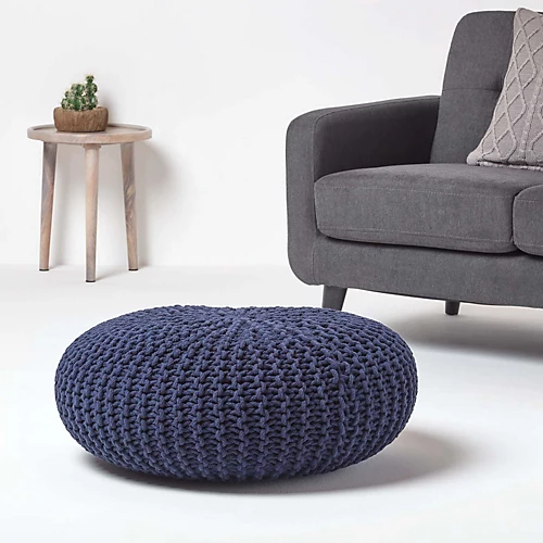 Homescapes Navy Blue Large Round Cotton Knitted Pouffe Footstool 4 Homescapes Navy Blue Large Round Cotton Knitted Pouffe Footstool - Image 2