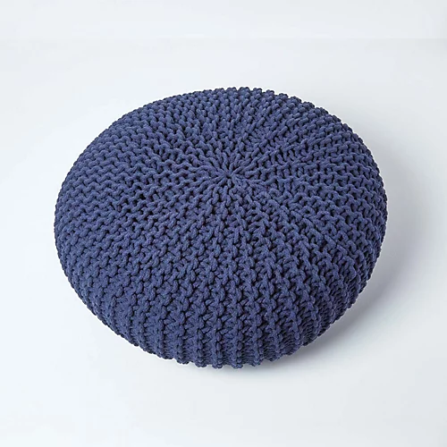 Homescapes Navy Blue Large Round Cotton Knitted Pouffe Footstool 5 Homescapes Navy Blue Large Round Cotton Knitted Pouffe Footstool - Image 3