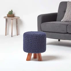 Homescapes Navy Tall Cotton Knitted Footstool On Legs -DIY homescapes navy tall cotton knitted footstool on legs5055967493544 02c MP