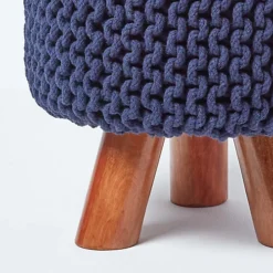 Homescapes Navy Tall Cotton Knitted Footstool On Legs -DIY homescapes navy tall cotton knitted footstool on legs5055967493544 04c MP