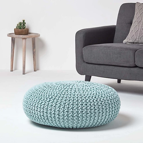 Homescapes Pastel Blue Large Round Cotton Knitted Pouffe Footstool 4 Homescapes Pastel Blue Large Round Cotton Knitted Pouffe Footstool - Image 2