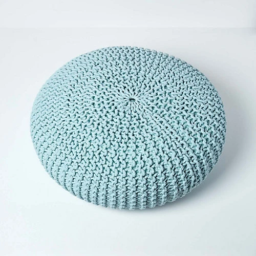 Homescapes Pastel Blue Large Round Cotton Knitted Pouffe Footstool 5 Homescapes Pastel Blue Large Round Cotton Knitted Pouffe Footstool - Image 3
