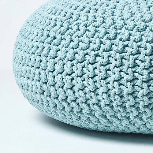 Homescapes Pastel Blue Large Round Cotton Knitted Pouffe Footstool 6 Homescapes Pastel Blue Large Round Cotton Knitted Pouffe Footstool - Image 4